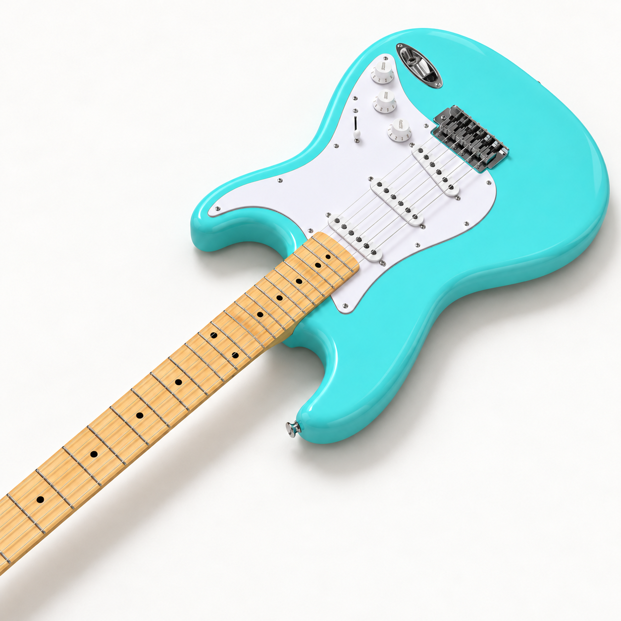 AI-styled view of the cyan ELPIDA EG1-M electric guitar lying diagonally on a pale floor