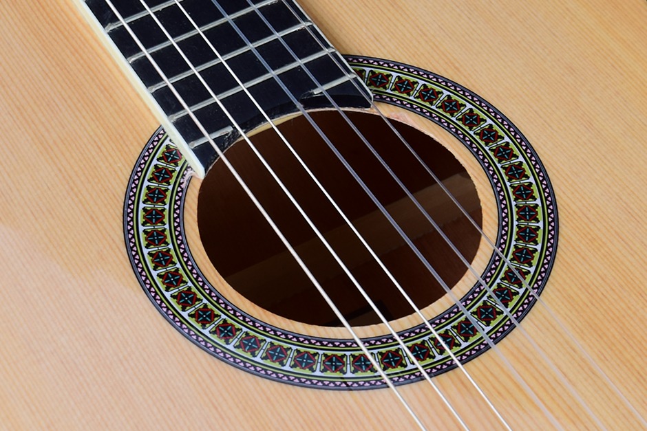 A close view of the strings and rosette on an ELPIDA classical guitar